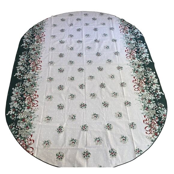 Christmas Tablecloth Holly Berry Bells Ornaments Greenery Cotton Blend Oval - Picture 3 of 9
